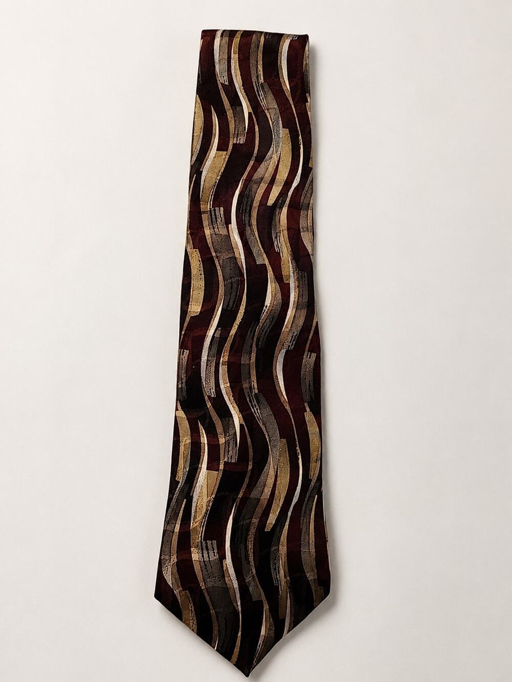 Silk Tie Murano Italia Men’s Silk Tie Abstract Wave Stripe Brown USA Made